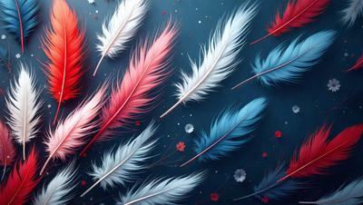 The primary subject of the image is a collection of colorful feathers, including red, pink, and blue ones. These feathers are arranged in a visually appealing manner, creating a sense of depth and dimension. The setting is a blue background, which provides a contrasting and complementary color to the feathers. The visual style of the image is a combination of digital art and illustration, showcasing the artist's skill in creating a realistic and vibrant representation of the feathers. The colors and m