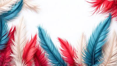The primary subject of the image is a close-up of a red and blue feather. The setting is a white background, which provides a clean and uncluttered look. The visual style is a combination of photo and digital art, creating a realistic yet artistic representation of the feather. The colors and mood of the image are vibrant and lively, with the red and blue hues evoking a sense of energy and movement.