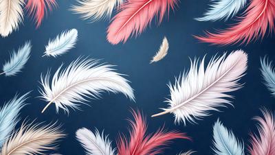 The primary subject of the image is a collection of feathers, which are the main objects in the scene. The feathers are displayed in various colors, including pink, white, and blue. The setting is a blue background, which provides a contrasting and visually appealing backdrop for the feathers. The visual style of the image is a combination of photo and digital art, creating a realistic yet artistic representation of the feathers. The overall atmosphere of the image is vibrant and lively, with the feathers