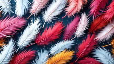 The primary subject of the image is a collection of feathers, which are displayed in various colors and patterns. The feathers are arranged in a visually appealing manner, creating an artistic and vibrant scene. The setting is a dark blue surface, which serves as a striking contrast to the feathers' colors. The visual style of the image is a combination of photo and digital art, as it captures the intricate details of the feathers while maintaining a modern and creative aesthetic. The dominant colors in