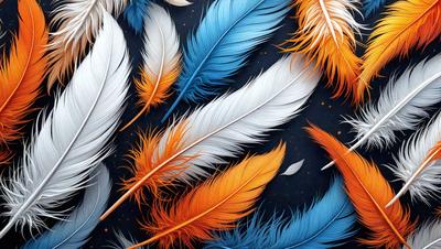 The primary subject of the image is a collection of colorful feathers, including orange and blue ones. The feathers are arranged in various positions, creating a visually appealing and vibrant scene. The setting is a dark background, which contrasts with the bright colors of the feathers. The visual style of the image is a combination of photo and digital art, as it captures the intricate details of the feathers while maintaining a sense of realism. The dominant colors in the image are orange and blue, which e
