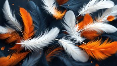 The primary subject of the image is a group of white and orange feathers. The setting is a dark background, which contrasts with the vibrant colors of the feathers. The visual style appears to be a combination of a photo and digital art, as the feathers are arranged in a pattern. The dominant colors are white and orange, creating a lively and eye-catching atmosphere.