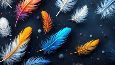 The primary subject of the image is a collection of colorful feathers, which are displayed against a dark blue background. The feathers are arranged in various positions, creating a visually appealing and artistic composition. The visual style of the image is a combination of digital art and illustration, as the feathers are depicted in a detailed and realistic manner. The dominant colors in the image are blue, orange, and yellow, which contribute to a vibrant and lively atmosphere.