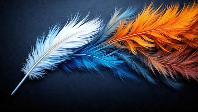 The primary subject of the image is a blue and white feather. The setting is a blue background, and the visual style appears to be a digital art or illustration. The dominant colors are blue and white, creating a calm and serene atmosphere.
