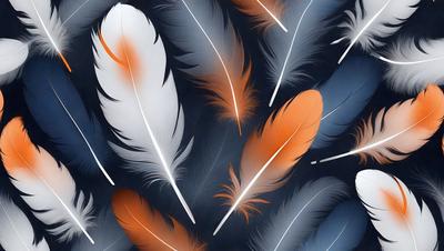 The primary subject of the image is a close-up of a feather, showcasing its intricate details and texture. The setting is a black background, which emphasizes the feather's colors and patterns. The visual style is a combination of photo and digital art, creating a realistic yet artistic representation of the feather. The dominant colors are orange and white, with the orange hue being more prominent in the feather's pattern. The overall atmosphere of the image is elegant and captivating, highlighting the