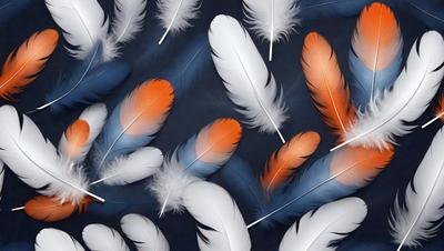 The primary subject of the image is a collection of white and orange feathers. The feathers are arranged in a visually appealing manner, creating a sense of depth and dimension. The setting is a dark background, which contrasts with the vibrant colors of the feathers. The visual style of the image is a combination of photo and digital art, as it captures the intricate details of the feathers while maintaining a sense of realism. The colors and mood of the image are predominantly warm and inviting