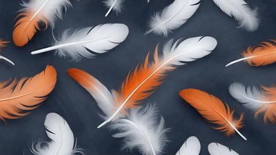 The primary subject of the image is a collection of orange and white feathers. The feathers are arranged in a pattern, creating a visually appealing scene. The setting is a dark background, which contrasts with the vibrant colors of the feathers. The visual style of the image is a combination of photo and digital art, as it captures the intricate details of the feathers while maintaining a sense of realism. The dominant colors in the image are orange and white, creating a warm and inviting atmosphere.