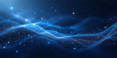 The primary subject of the image is a blue, swirling, and sparkling pattern. The setting is a dark background, which contrasts with the bright blue swirls. The visual style is a digital art or illustration, creating a vibrant and dynamic atmosphere. The colors and mood are predominantly blue, with a sense of movement and energy.