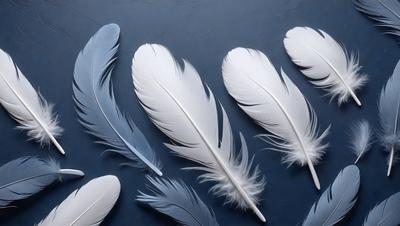The primary subject of the image is a collection of white feathers, which are the primary focus of the scene. The feathers are arranged in various positions, creating a visually interesting composition. The setting is a blue surface, which serves as the backdrop for the feathers. The visual style of the image is a close-up of the feathers, showcasing their intricate details. The colors and mood of the image are predominantly white, giving it a clean and serene atmosphere.