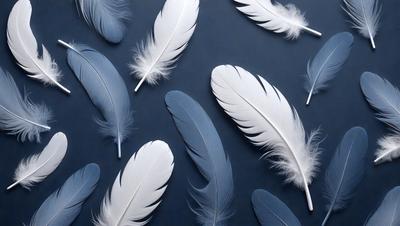 The primary subject of the image is a collection of white feathers. The feathers are arranged in a visually appealing manner, creating a sense of harmony and balance. The setting is a blue surface, which serves as a striking contrast to the white feathers. The visual style of the image is a close-up of the feathers, allowing the viewer to appreciate the details and textures of the feathers. The colors and mood of the image are predominantly white and blue, giving it a serene and cal