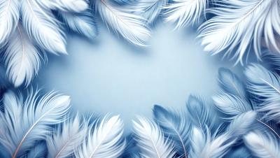 The primary subject of the image is a close-up of a white feather. The setting is a blue background, which creates a contrasting and visually appealing effect. The visual style is a combination of a photo and digital art, as the feather appears to be a part of a larger, more intricate design. The colors and mood of the image are predominantly white and blue, giving it a serene and calming atmosphere.