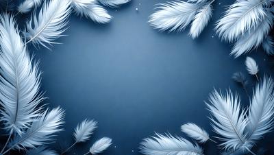 The primary subject of the image is a blue background with white feathers. The setting is a circular arrangement of white feathers, creating a visually appealing and artistic composition. The visual style is a combination of digital art and illustration, as the feathers are arranged in a way that resembles a painting or drawing. The colors and mood of the image are predominantly blue and white, giving it a calm and serene atmosphere.