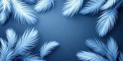 The primary subject of the image is a collection of blue feathers, which are arranged in a circular pattern on a blue background. The visual style of the image is a close-up of the feathers, showcasing their intricate details. The colors and mood of the image are predominantly blue, creating a serene and calming atmosphere.