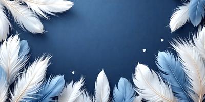 The primary subject of the image is a close-up of a white feather. The setting is a blue background, which creates a contrasting and visually appealing effect. The visual style is a combination of a photo and digital art, as the feather appears to be a part of a larger, more intricate design. The colors and mood of the image are predominantly white and blue, giving it a clean, serene, and elegant appearance.