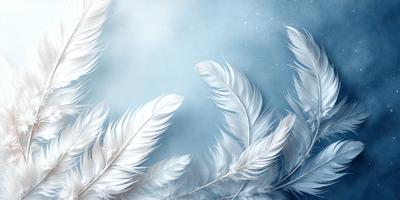 The primary subject of the image is a close-up of a white bird's wing, with a blue background. The visual style appears to be a digital art or illustration, as the bird's wing is depicted in a detailed and intricate manner. The colors in the image are predominantly white and blue, creating a serene and calming atmosphere.