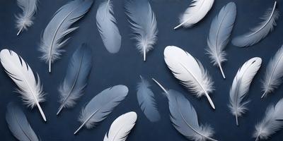 The primary subject of the image is a collection of white feathers, which are arranged in a visually appealing manner. The feathers are spread out across a blue surface, creating a striking contrast between the white feathers and the dark blue background. The visual style of the image is a combination of photo and digital art, as the feathers appear to be realistic yet carefully arranged. The overall atmosphere of the image is serene and calming, with the white feathers symbolizing purity and innocence.