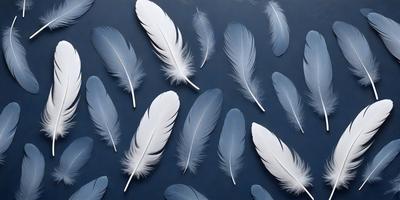 The primary subject of the image is a collection of white feathers, which are arranged in a visually appealing manner. The feathers are displayed against a blue background, creating a striking contrast. The visual style of the image is a combination of photo and digital art, as the feathers are arranged in a pattern that resembles a painting. The colors in the image are predominantly white and blue, giving the scene a calm and serene atmosphere.