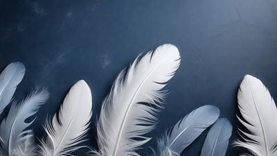 The primary subject of the image is a close-up of a white feather. The setting is a blue background, which creates a striking contrast with the white feather. The visual style appears to be a photo, as it captures the intricate details of the feather. The colors and mood of the image are predominantly white and blue, giving it a clean and serene atmosphere.