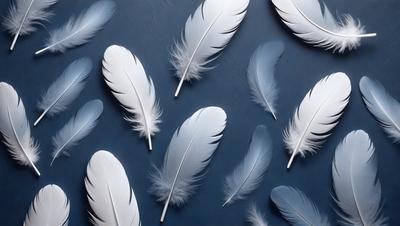 The primary subject of the image is a collection of white feathers, which are arranged in a visually appealing manner. The feathers are spread across a blue surface, creating a striking contrast between the white feathers and the dark blue background. The visual style of the image is a combination of photo and digital art, as the feathers appear to be carefully arranged and edited to create a cohesive and aesthetically pleasing composition. The overall atmosphere of the image is serene and calming, with the white feathers symbol
