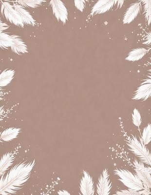 The primary subject of the image is a brown background with a pattern of white feathers. The setting is a frame with a white border, and the visual style is a combination of a photo and digital art. The colors are predominantly brown and white, creating a warm and natural atmosphere.