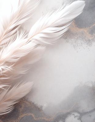 The primary subject of the image is a white feather, which is prominently displayed in the foreground. The setting is a white background, which provides a clean and minimalist appearance. The visual style is a close-up of the feather, showcasing its details and texture. The colors and mood of the image are predominantly white, giving it a clean and serene atmosphere.