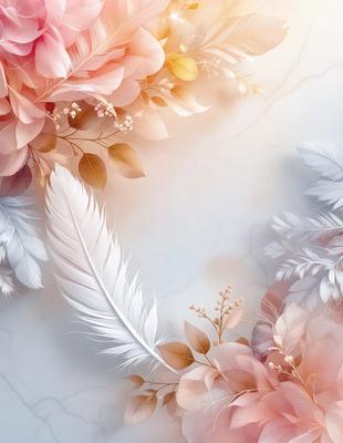 The primary subject of the image is a white feather, which is the main object in the scene. The setting is a white background, which provides a clean and minimalist environment. The visual style is a combination of photo and digital art, creating a realistic yet artistic representation of the feather. The colors in the image are predominantly white, giving it a clean and serene atmosphere.