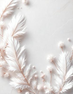 The primary subject of the image is a close-up of a white feather. The setting is a white background, which provides a clean and minimalist appearance. The visual style is a realistic representation of the feather, showcasing its intricate details. The colors and mood of the image are predominantly white, giving it a serene and elegant feel.