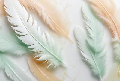 The primary subject of the image is a close-up of a white feather. The setting is a white background, which provides a clean and minimalistic environment. The visual style is a realistic representation of the feather, showcasing its intricate details. The colors and mood of the image are predominantly white, giving it a clean and serene atmosphere.