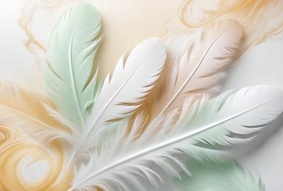 The primary subject of the image is a close-up of a white feather. The setting is a white background, which provides a clean and minimalist appearance. The visual style is a combination of a photo and digital art, as the feather appears to be a real object, yet the background is white and clean. The colors and mood of the image are predominantly white, giving it a clean and serene atmosphere.