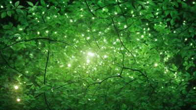 The primary subject of the image is a close-up of a green plant with bright lights shining on it. The plant appears to be a leafy green tree, and the bright lights create a visually striking scene. The setting is outdoors, with the plant surrounded by a natural environment. The visual style of the image is a close-up, which emphasizes the details of the plant and the bright lights. The colors in the image are predominantly green, with the bright lights adding a touch of warmth and vib