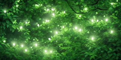 The primary subject of the image is a lush green tree with bright lights shining through its leaves. The tree is surrounded by a forest, creating a serene and peaceful atmosphere. The visual style of the image is a combination of photo and digital art, with the bright lights adding a unique and artistic touch to the scene. The colors and mood of the image are predominantly green, with the bright lights adding a touch of warmth and energy to the overall composition.