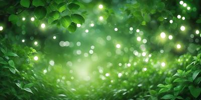 The primary subject of the image is a lush green forest filled with bright green leaves. The setting is a forest with a background of green leaves, creating a serene and natural atmosphere. The visual style is a photo of the forest, capturing the vibrant colors and details of the leaves. The colors and mood of the image are predominantly green, with a sense of tranquility and harmony with nature.