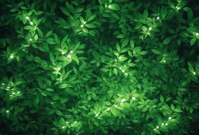 The primary subject of the image is a dense, lush green plant with bright green leaves. The plant is surrounded by a dark background, which contrasts with the bright green leaves. The visual style of the image is a close-up of the plant, showcasing its intricate details. The colors and mood of the image are predominantly green, creating a serene and natural atmosphere.