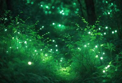The primary subject of the image is a forest filled with green plants and trees. The setting is a lush green forest with a pathway through it. The visual style is a photo of the forest at night, with the plants and trees illuminated by a green glow. The colors and mood of the image are predominantly green, creating a serene and peaceful atmosphere.