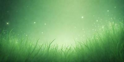 The primary subject of the image is a lush green field with tall grass. The setting is a bright, sunny day, and the visual style is a digital art or illustration. The colors are predominantly green, creating a serene and peaceful atmosphere.