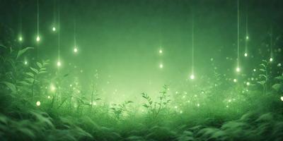 The primary subject of the image is a lush green field with a variety of plants and flowers. The setting is a green, foggy environment, creating a serene and mystical atmosphere. The visual style is a combination of photo and digital art, giving the image a unique and captivating appearance. The dominant colors are green, with some hints of blue and purple, contributing to the overall mood of the scene.