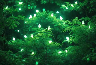 The primary subject of the image is a close-up of a green plant with bright green leaves and a few white flowers. The plant is surrounded by a lush green forest, creating a serene and natural atmosphere. The visual style of the image is a photo, capturing the beauty of the plant and its environment. The colors and mood of the image are predominantly green, with the bright green leaves and white flowers adding a touch of whimsy to the scene.