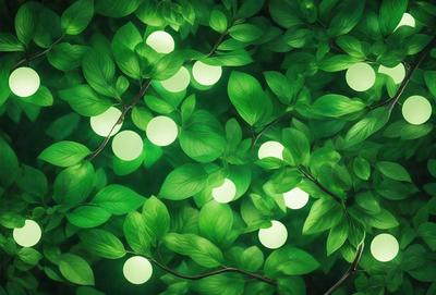 The primary subject of the image is a green plant with bright green leaves and small white lights shining through them. The plant is surrounded by a lush green environment, creating a serene and peaceful atmosphere. The visual style of the image is a combination of a photo and digital art, as the green plant and white lights are digitally manipulated to create a unique and captivating scene. The colors and mood of the image are predominantly green, with the white lights adding a touch of brightness and warmth to the