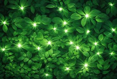 The primary subject of the image is a close-up of a green plant with bright green leaves. The plant is surrounded by a bright green background, which adds to the overall atmosphere of the image. The visual style of the image is a photo, capturing the details of the plant and its surroundings. The colors and mood of the image are predominantly green, creating a serene and natural environment.