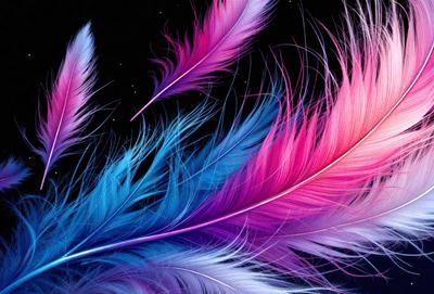 The primary subject of the image is a close-up of a pink and blue feather. The setting is a dark background, which contrasts with the vibrant colors of the feather. The visual style is a digital art or illustration, as the feather appears to be a part of a larger pattern or design. The dominant colors are pink and blue, creating a lively and energetic atmosphere.