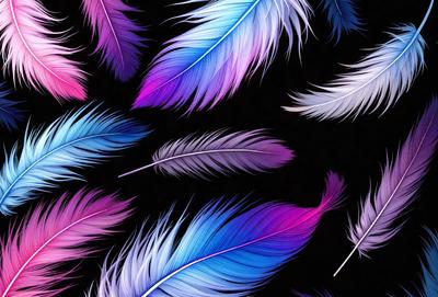 The primary subject of the image is a collection of colorful feathers, which are displayed in various shades of pink, purple, and white. The feathers are arranged in a pattern, creating a visually appealing and vibrant scene. The setting is a black background, which contrasts with the feathers and highlights their colors. The visual style of the image is a combination of photo and digital art, as it captures the beauty of the feathers in a realistic yet artistic manner. The overall atmosphere
