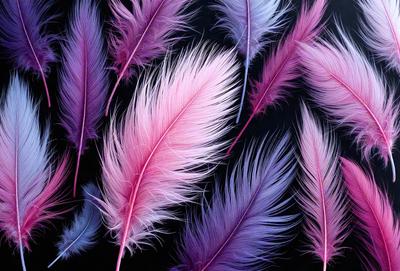 The primary subject of the image is a close-up of a pink and purple feather. The setting is a black background, which contrasts with the vibrant colors of the feather. The visual style is a close-up of a single feather, showcasing its details. The dominant colors are pink and purple, creating a soft and delicate atmosphere.