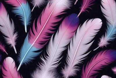 The primary subject of the image is a close-up of a feather, showcasing its intricate details and texture. The setting is a black background, which emphasizes the feather's colors and patterns. The visual style is a combination of photo and digital art, as the feather appears to be a part of a larger pattern or design. The dominant colors in the image are pink, purple, and white, creating a vibrant and visually appealing atmosphere.