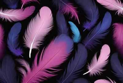 The primary subject of the image is a close-up of a pink and purple feather. The setting is a black background, which creates a striking contrast with the feather. The visual style is a combination of a photo and digital art, as the feather appears to be a part of a larger pattern or design. The dominant colors are pink and purple, giving the image a vibrant and lively atmosphere.