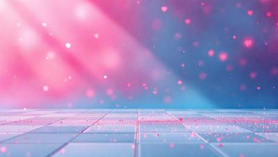The primary subject of the image is a pink and purple heart-shaped pattern. The setting is a white tiled floor, and the visual style is a digital art or illustration. The dominant colors are pink and purple, creating a warm and romantic atmosphere.