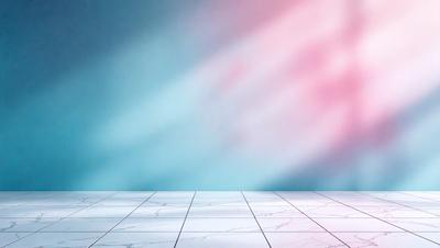 The primary subject of the image is a white marble floor with a blue and pink background. The setting is a room with a blue and pink wall, and the visual style is a photo. The colors and mood of the image are predominantly blue and pink, creating a warm and inviting atmosphere.