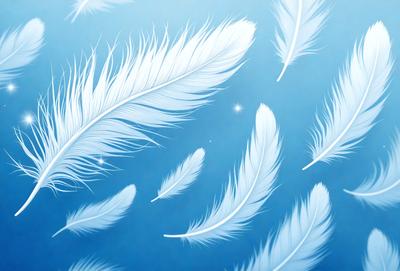 The primary subject of the image is a collection of white feathers floating in a blue sky. The setting is a clear, cloudless sky, and the visual style is a digital art or illustration. The dominant colors are white and blue, creating a serene and peaceful atmosphere.