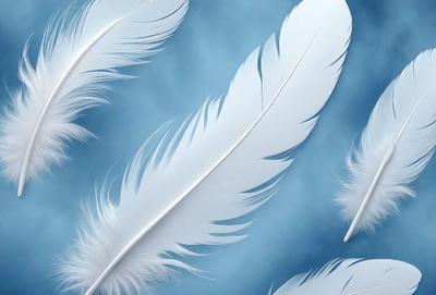 The primary subject of the image is a collection of white feathers, which are the primary focus of the scene. The feathers are arranged in a visually appealing manner, creating a sense of depth and dimension. The setting is a blue background, which complements the white feathers and adds to the overall visual style. The image is a digital art piece, showcasing the artist's skill in creating realistic and aesthetically pleasing representations of the feathers. The colors and mood of the image are predomin