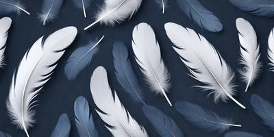 The primary subject of the image is a collection of white feathers. The feathers are arranged in a pattern, creating a visually appealing and artistic display. The setting is a dark blue background, which contrasts with the white feathers, giving the image a striking and dramatic appearance. The visual style is a combination of photo and digital art, as the feathers are arranged in a way that resembles a painting or drawing. The colors and mood of the image are predominantly dark and moody, with the