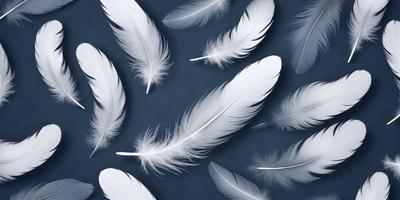 The primary subject of the image is a collection of white feathers. The feathers are arranged in various positions, creating a visually appealing and artistic display. The setting is a blue background, which contrasts nicely with the white feathers. The visual style of the image is a combination of photo and digital art, as it captures the beauty of the feathers in a realistic yet artistic manner. The colors and mood of the image are predominantly white and blue, giving it a serene and calming atmosphere